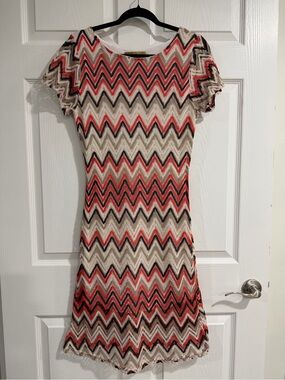 Jessica Taylor Women’s Chevron Knit Dress in Cream, Coral & Brown
